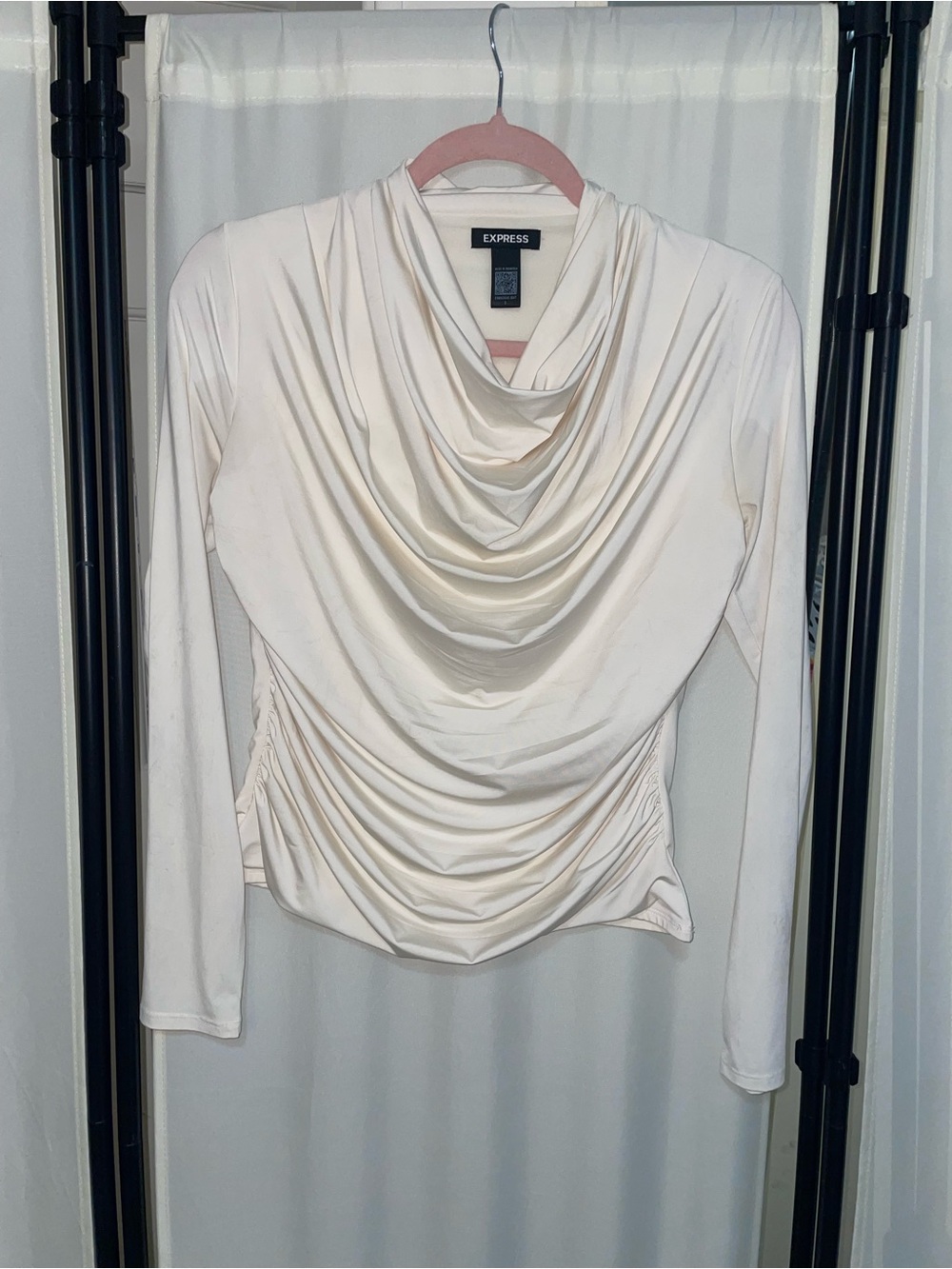 Express Cream Draped Cowl-Neck Long Sleeve Top